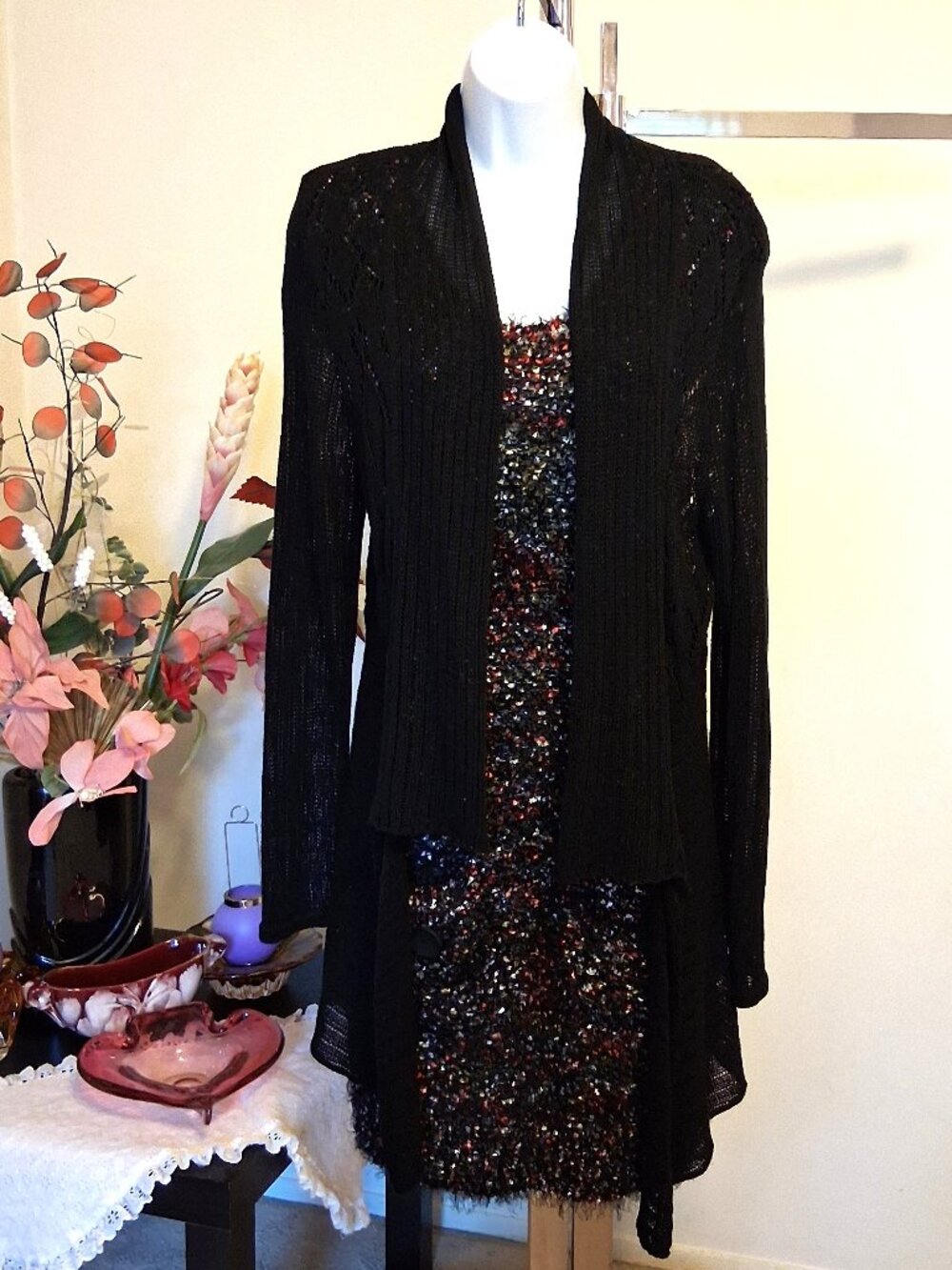 Robert Kitchen Luxury Knit Cardigan Sweater Coat Women L Black Knitwear
